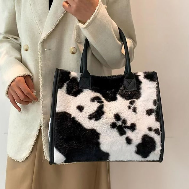 Leopard Bag Fur Brown Leather Women's Faux Print with Tote