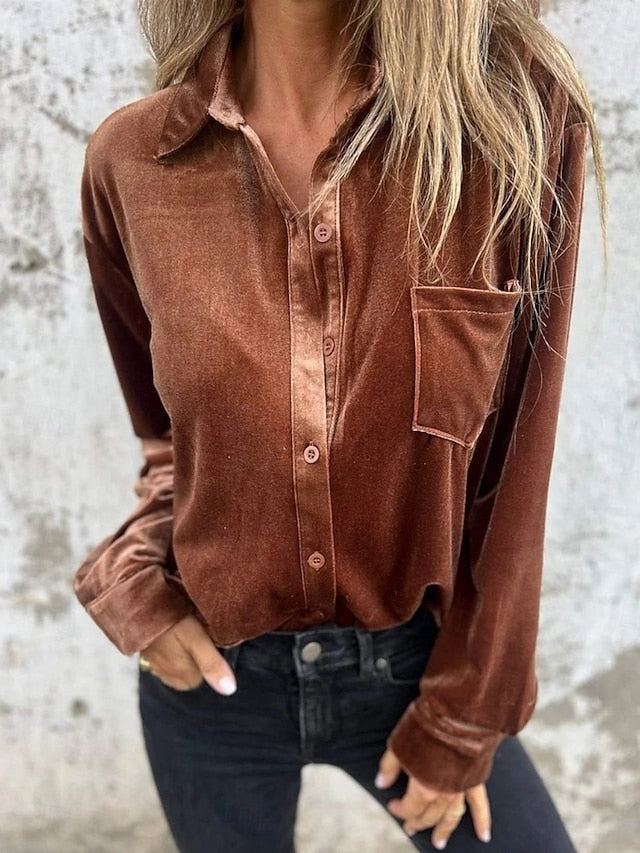 Women's Dress Shirt Button Up Shirt Blouse Velvet Blouse