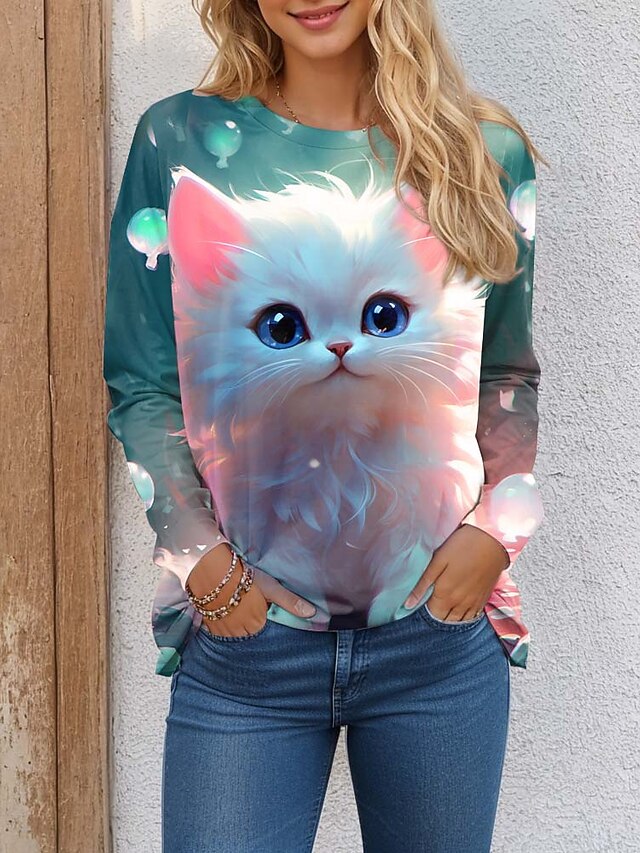 Women's T shirt Crew Neck Long Sleeve Tunic Cat 3D Funny
