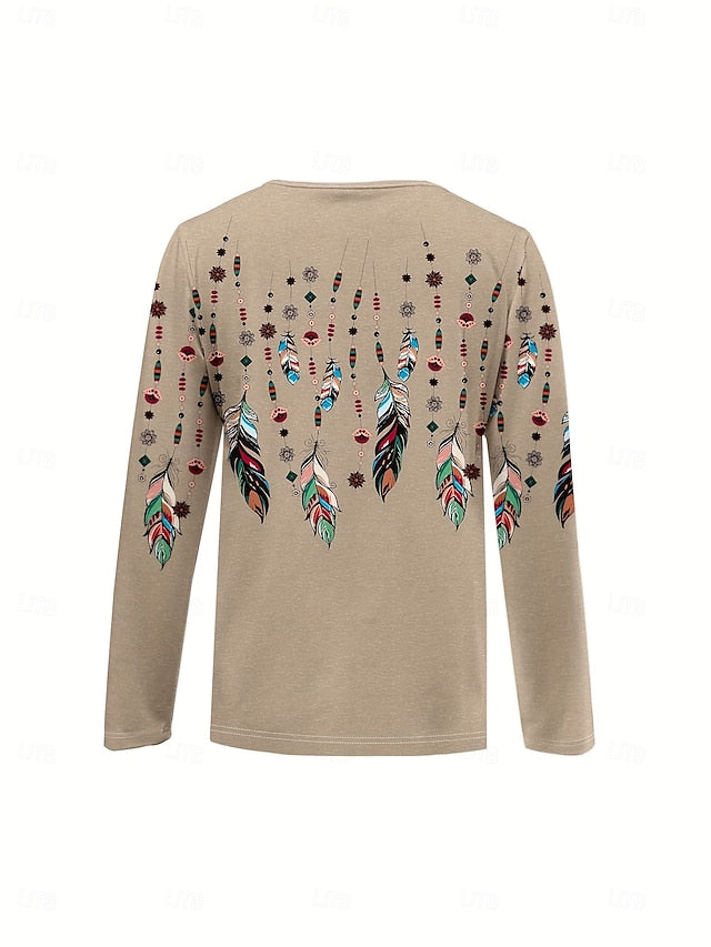 Women's T shirt Long Sleeve Graphic Feather Elegant Vintage