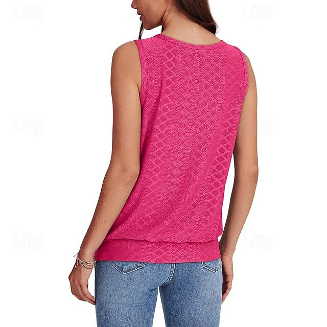 Women's T Shirt Eyelet Solid Color Casual Sleeveless Crew