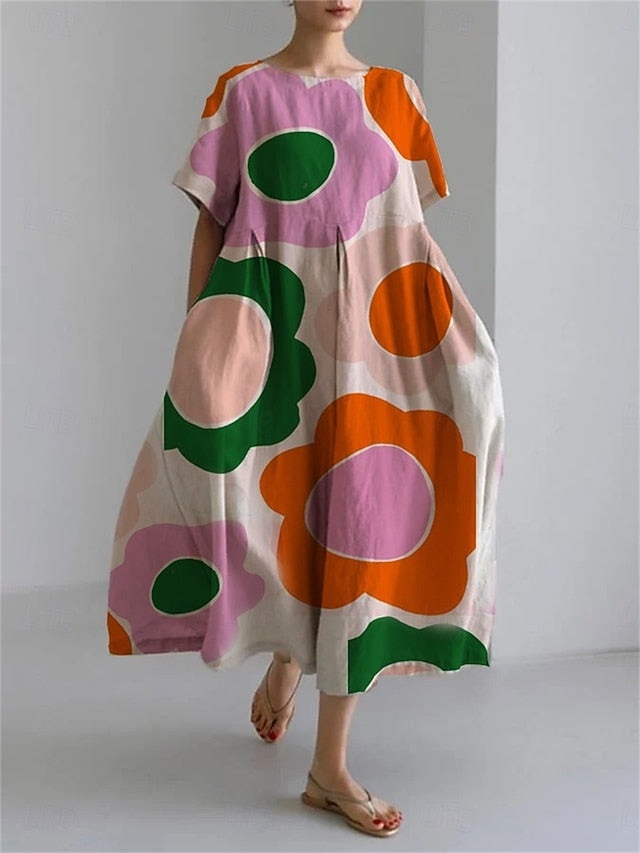 Women's Midi Dress Faux Cotton Linen Casual Dress Elegant