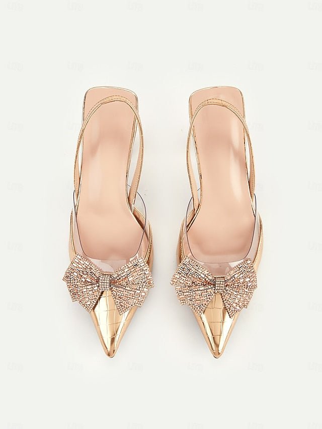 Detail Gold Bow Slingback Quilted with - Heels Women's
