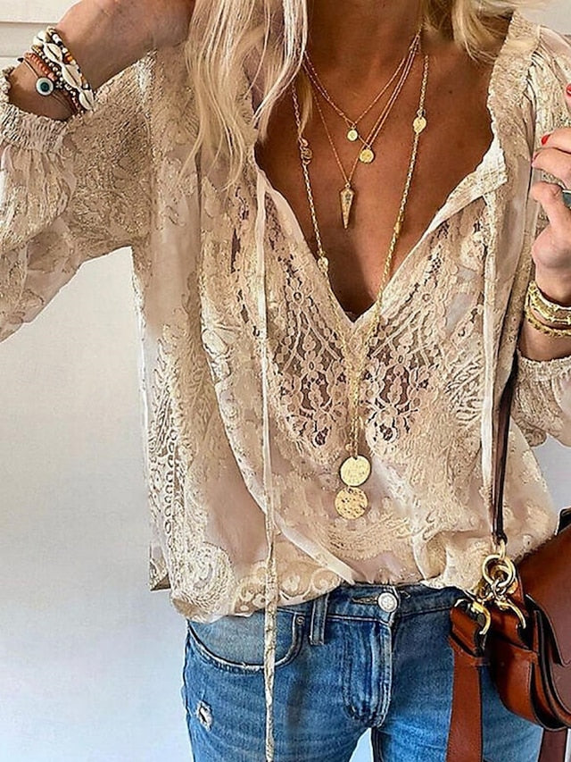Women's Boho Lace Patchwork V-Neck Blouse Long Sleeve