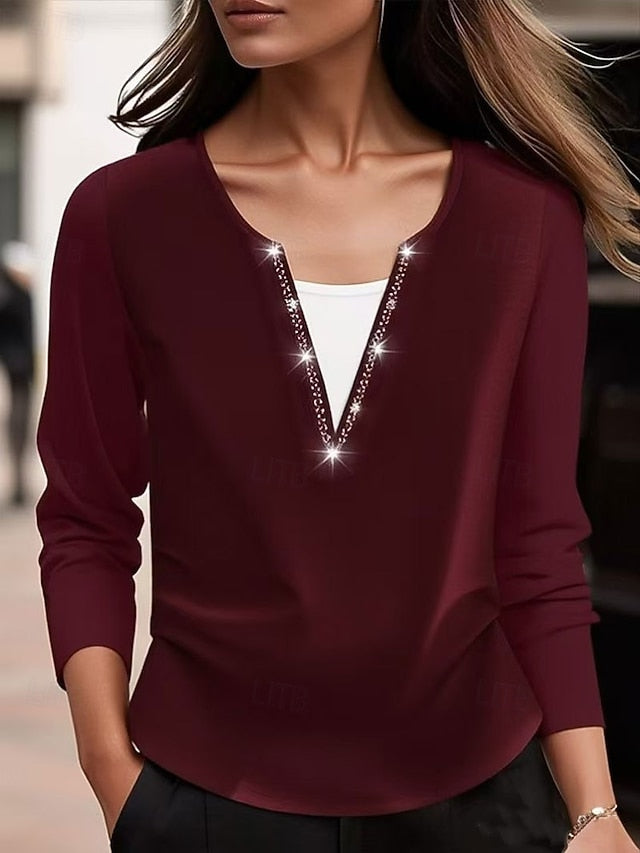Women's T-Shirt Color Block Stylish Basic Casual Long