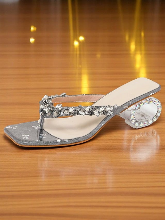 Women's Silver Open Heels Rhinestone Sparkly Toe - Sandals