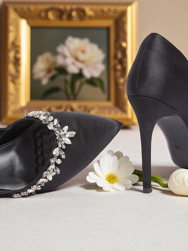 Toe with Embellishment Satin Heels Pointed Women's Crystal