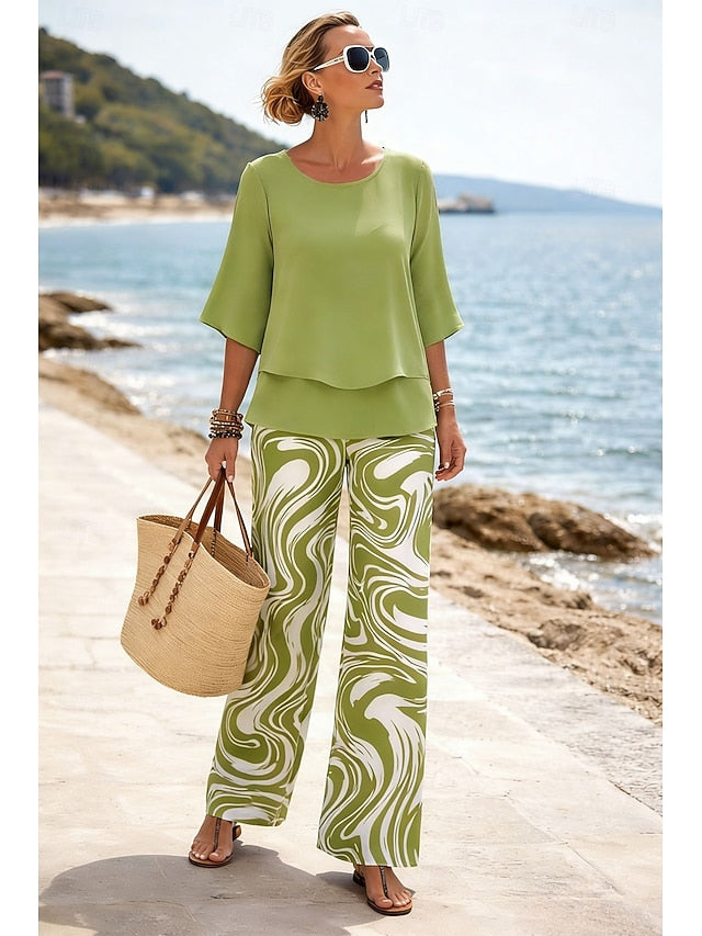 Women's Pants Sets Half Sleeve Butterfly Sleeve Round Neck