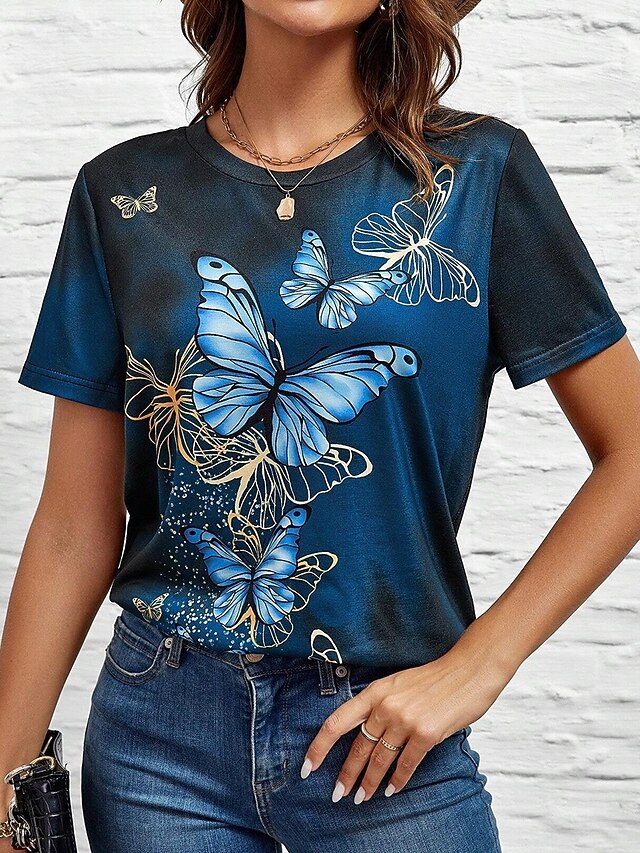 Women's T Shirt Print Butterfly Casual Short Sleeve Round