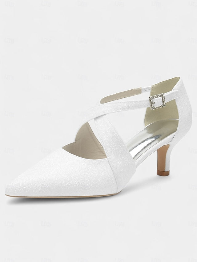 with Cross Heels Strap Buckle Kitten Glitter Rhinestone White