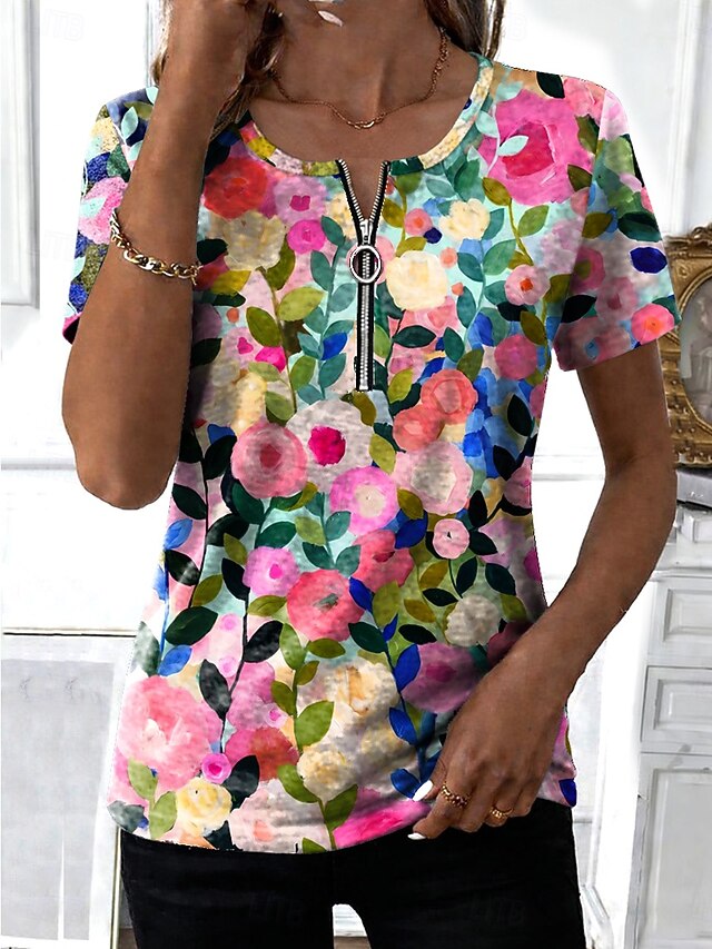 Women's T Shirt Quarter Zip Floral Graphic Plants Tropical