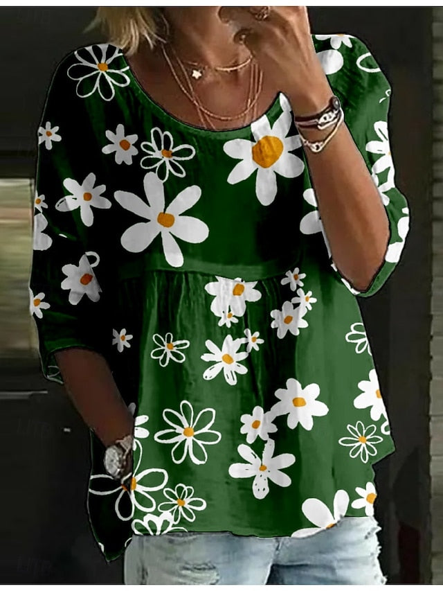 Women's Blouse Print Floral Stylish 3/4 Length Sleeve Crew