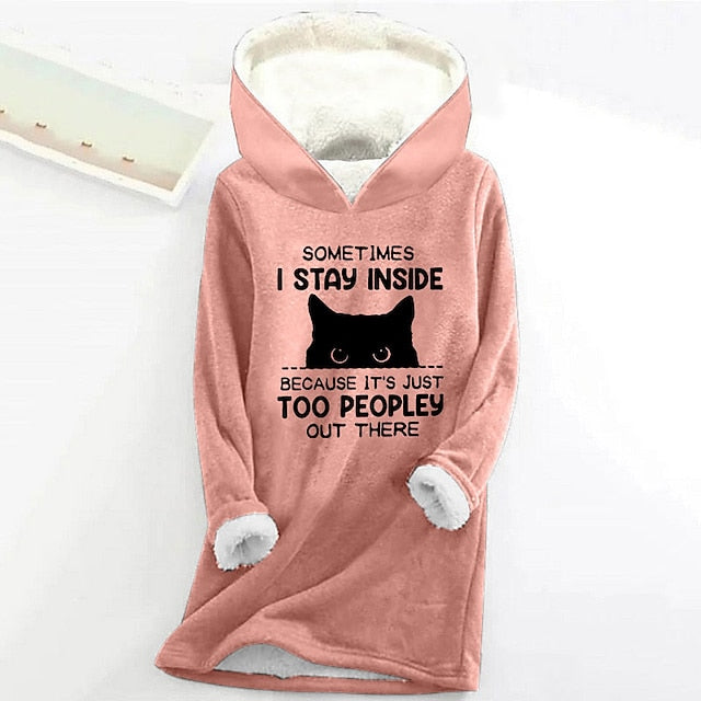 Women's Hoodie Sweatshirt Pullover Sherpa Cat Letter Casual