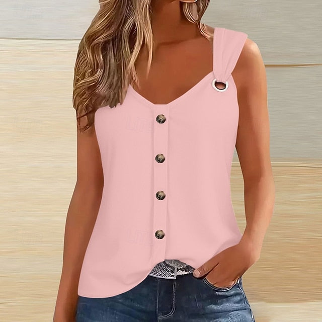Women's T Shirt Buttons Plain Classic Casual Sleeveless V