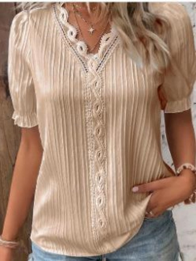 Women's Blouse Lace Tops Lace Patchwork Solid Color Stylish