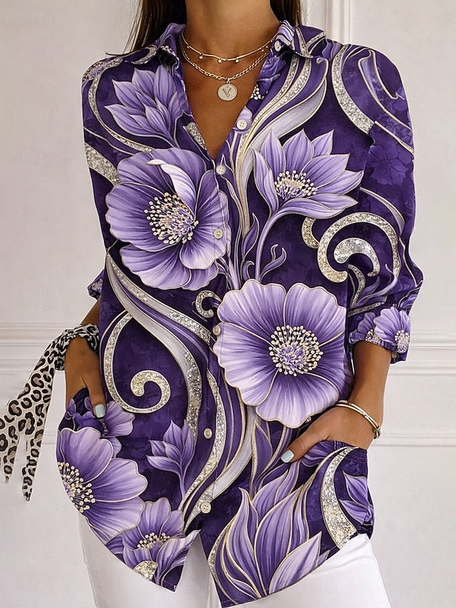 Women's Shirt Buttons Print Ombre Floral Graphic Elegant