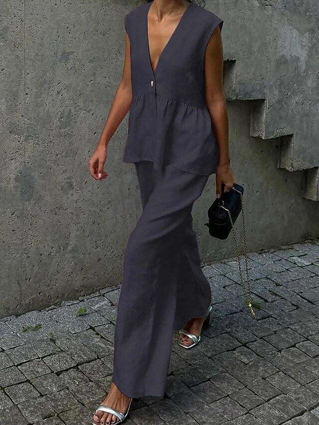 Women's Pants Sets Bolero Top Sleeveless V Neck Plain