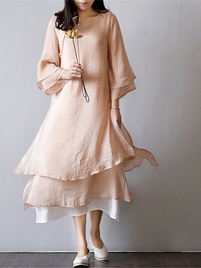 Women's Light Pink White Summer Spring Fall Midi Dress