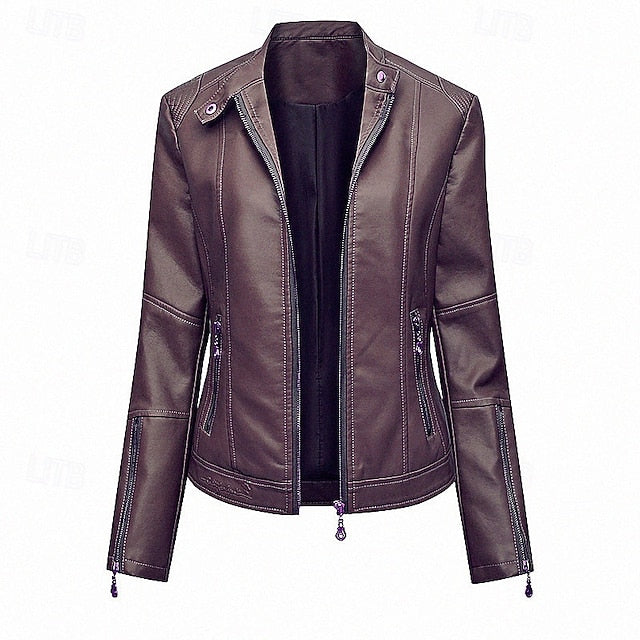 Comfortable Zipper Faux Women's Leather Jacket Pocket