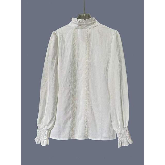 Women's Summer Shirt Casual Shirt Blouse Ruched Embroidered