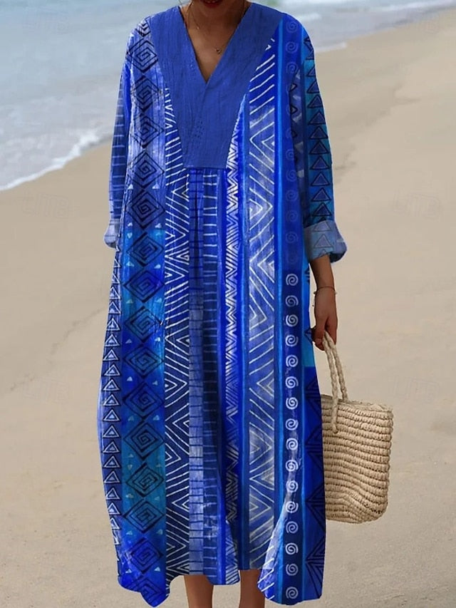 Women's Midi Dress V Neck Long Sleeve Kaftan Lightweight