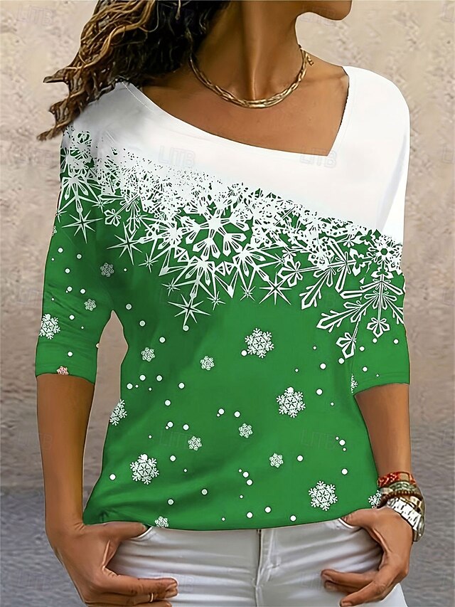 Christmas Women's T Shirt Print 3/4 Sleeve Scoop Neck