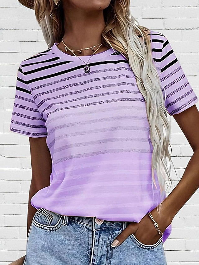 Women's T Shirt Casual Striped Print Short Sleeve Regular