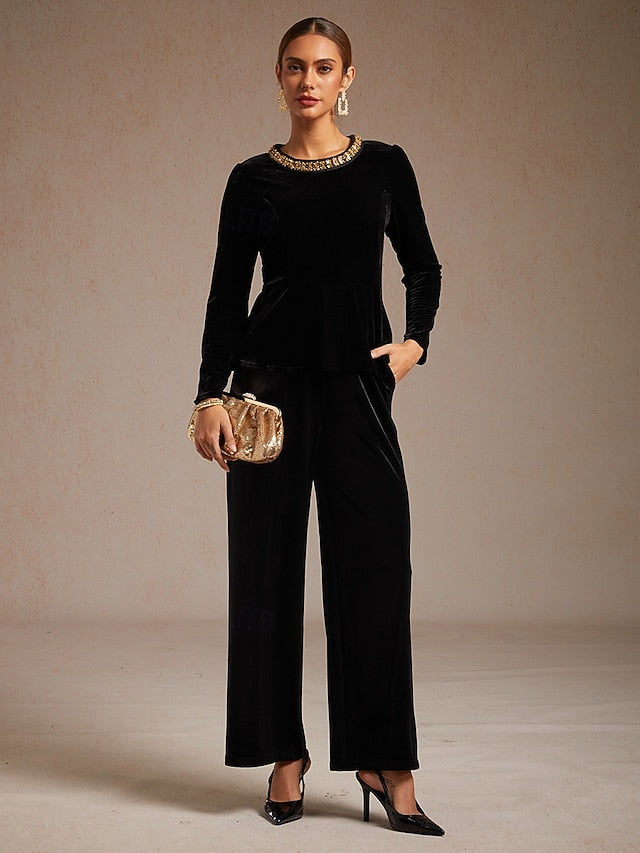 Women's Velvet Blouse Beaded Elegant Crew Neck Regular Tops