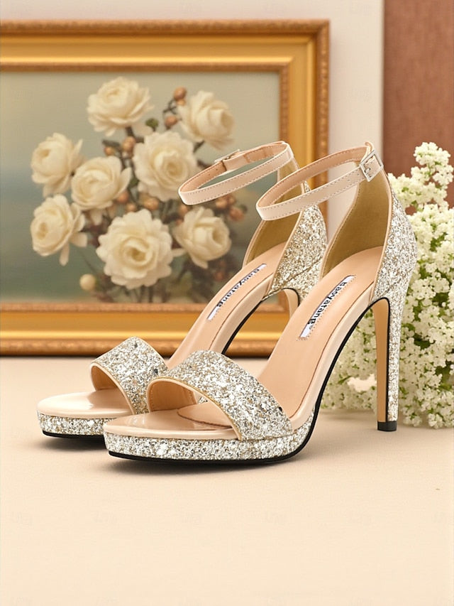 Women's High Silver Heel with Sandals Ankle Strap Glitter