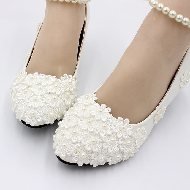 Heels Decorated Floral – White Wedding Pearl Women's Lace