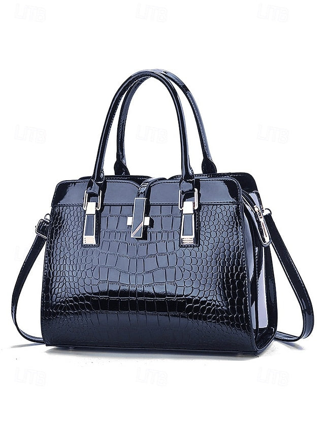 Women's Burgundy Patent Faux Leather Handbag - Croc