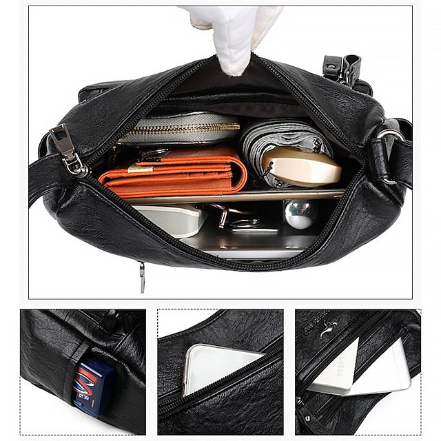 Shoulder Women's Bag Leather Black – Faux Multi-Pocket