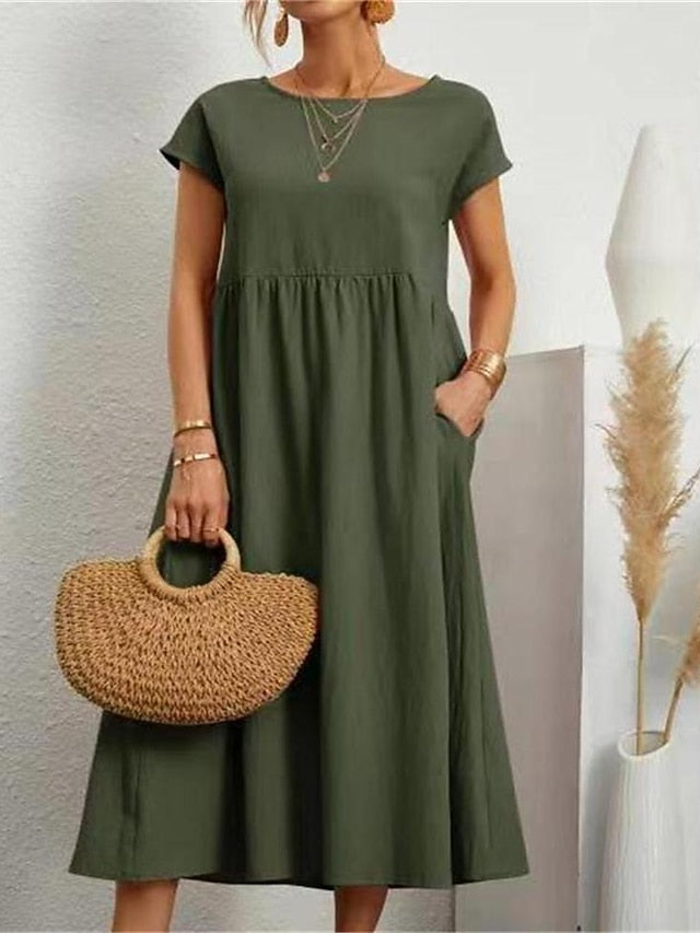 Women's ArmyGreen Black White Summer Spring Midi Dress Faux
