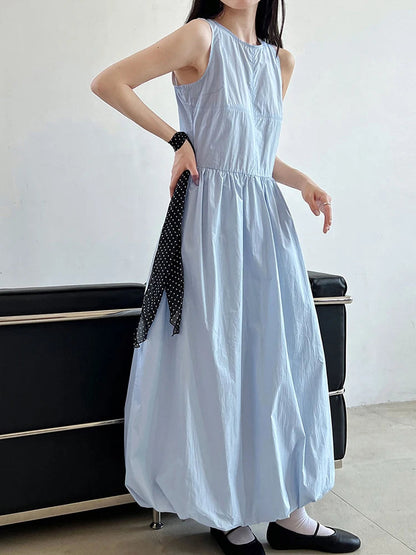 Patchwork O-neck Dress Simple Sleeveless Blue Puff Hem