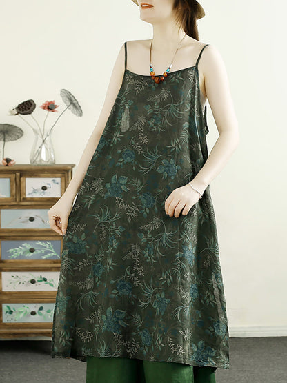 Women Summer Vintage Flower Ramie Vest Dress ZZ1045