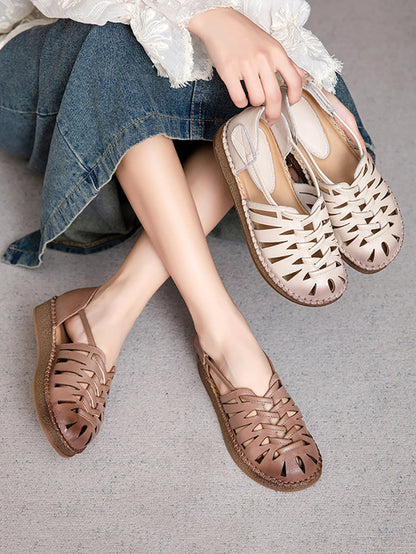 Leather Sandals Heel Low Women Weave Summer