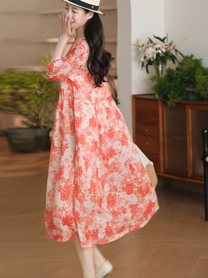 Women Summer Artsy Floral A-Shape Loose Ramie Dress OO1042