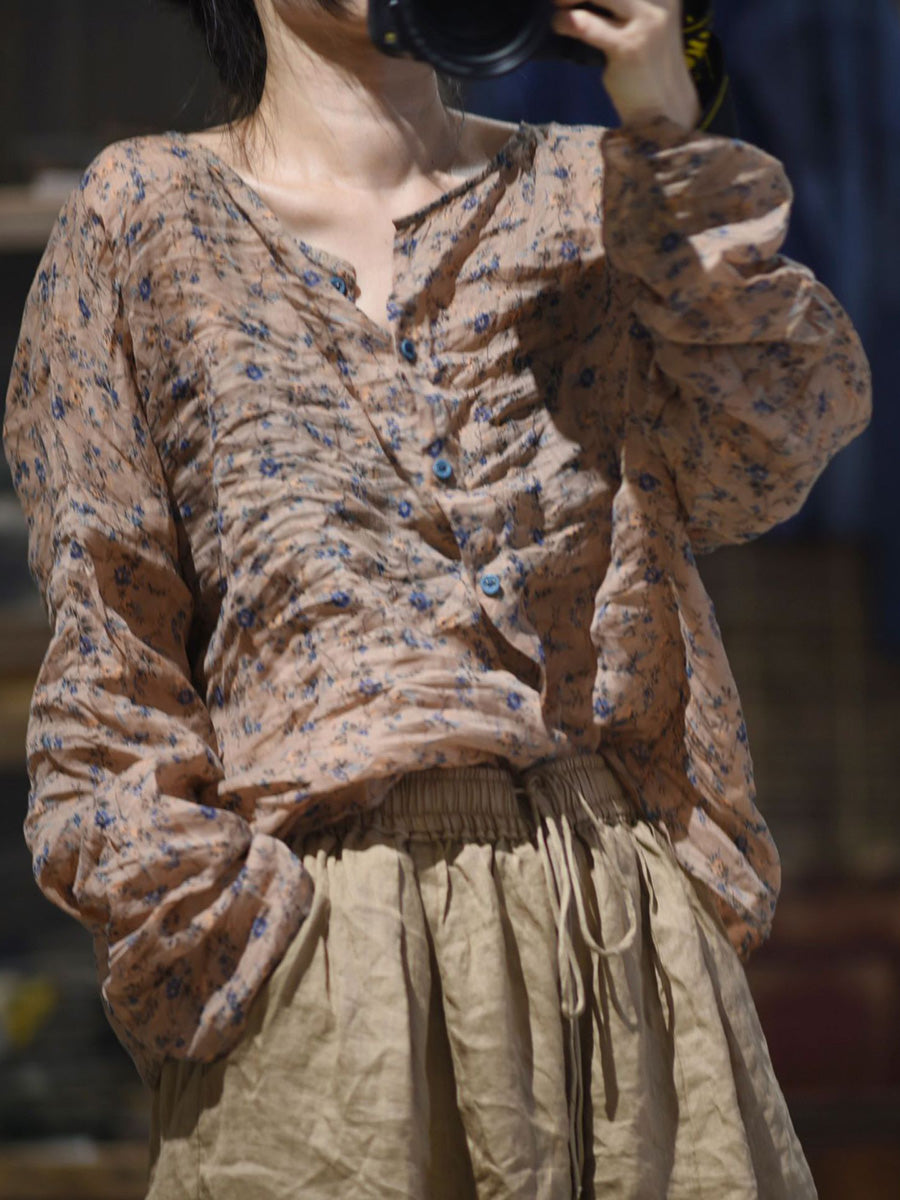 Shirt O-Neck Autumn Women Button Floral Vintage Ramie