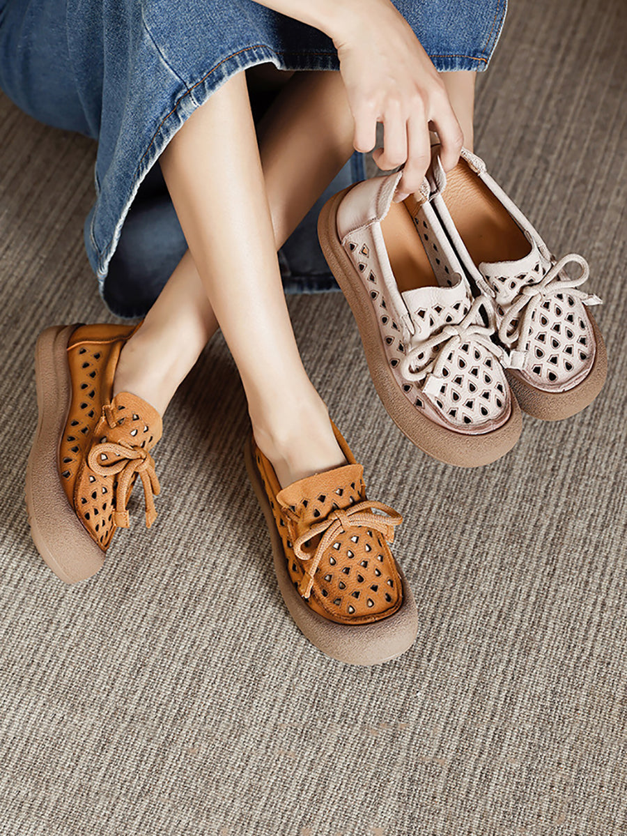 Genuine Shoes Hollow Out Summer Leather Flat Women