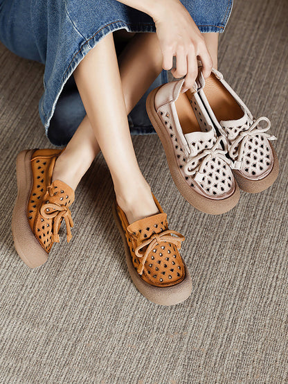 Genuine Shoes Hollow Out Summer Leather Flat Women