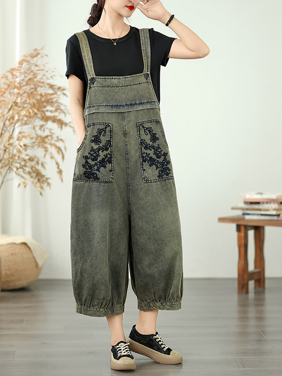 Long Jumpsuits Women Flower Embroidery Denim Summer