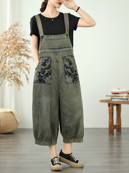 Long Jumpsuits Women Flower Embroidery Denim Summer