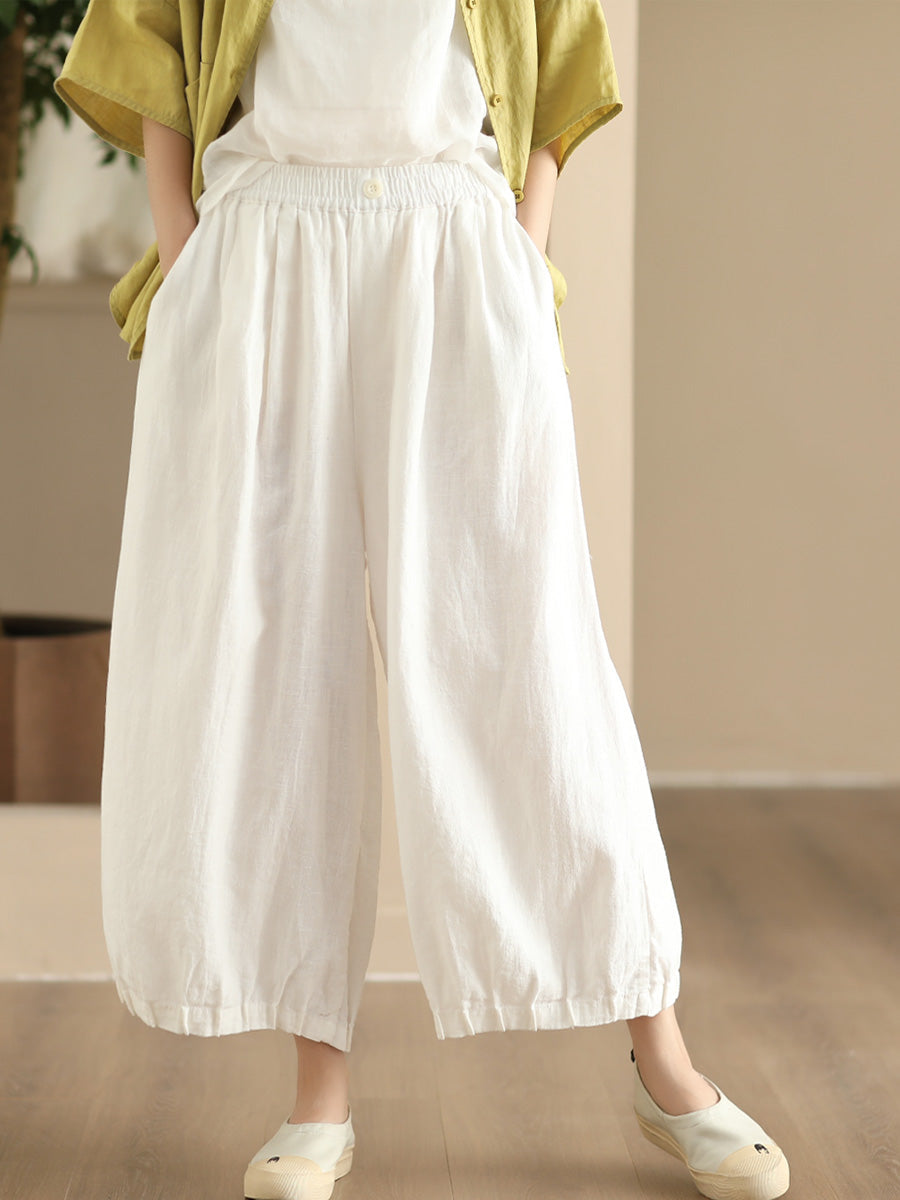Women Summer Vintage Solid Linen Wide-leg Pants FD038