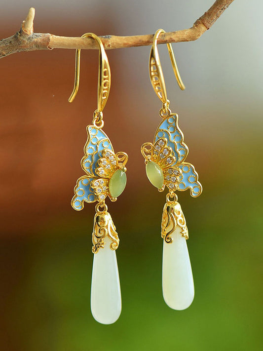 Butterfly Ethnic Enamel Earrings Women Jade S925Silver