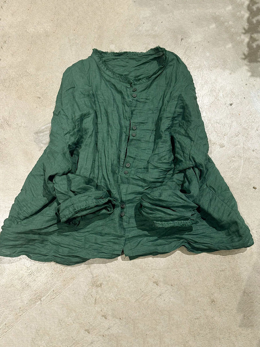 Solid Loose Women Blouse Vintage Collar Stand Ramie