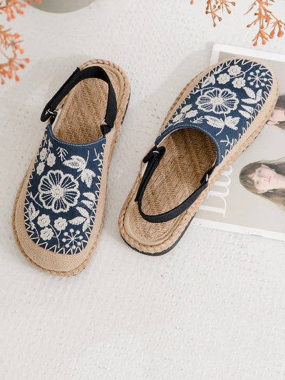 Women Sandals Linen Embroidery Ethnic Flower