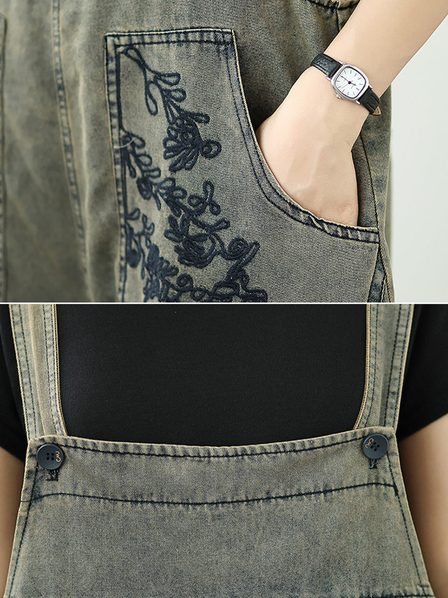 Long Jumpsuits Women Flower Embroidery Denim Summer