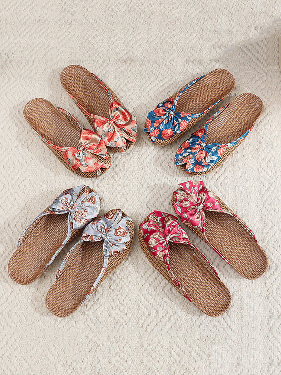 Bowknot Ethnic Weave Women Indoor Slippers Straw Flower