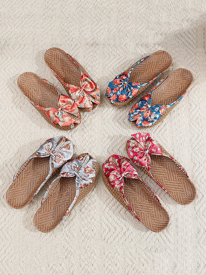 Bowknot Ethnic Weave Women Indoor Slippers Straw Flower