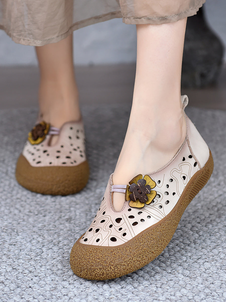 Leather Fashion Shoes Hollow Women Out Flower Flat